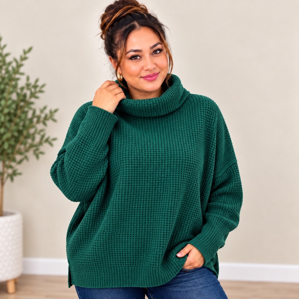 Gap Womens XL Waffle Knit Turtleneck Green Long Sleeve Relaxed Fit Top NEW